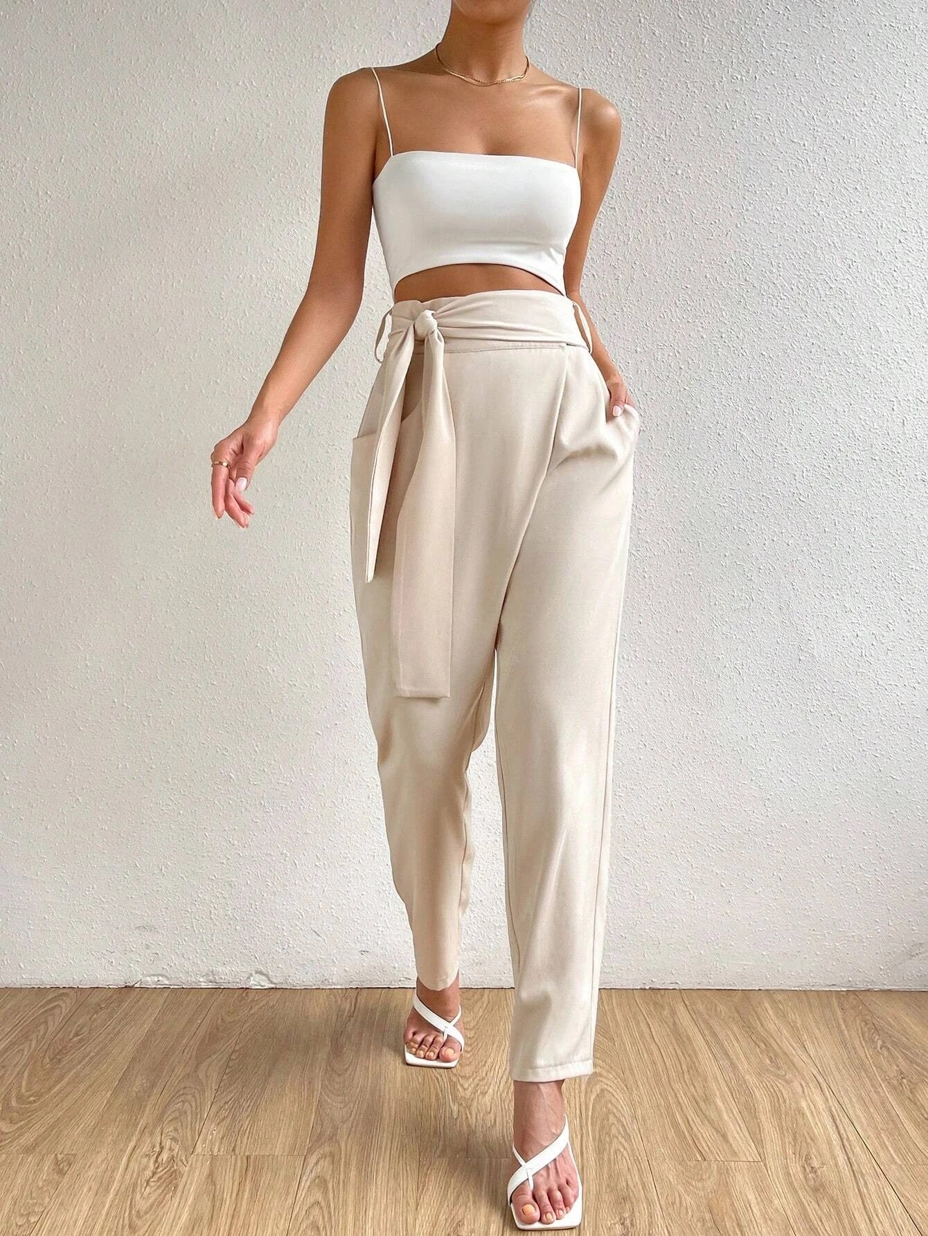 CM-BS306070 Women Trendy Bohemian Style High Waist Solid Tie Front Pants - Apricot