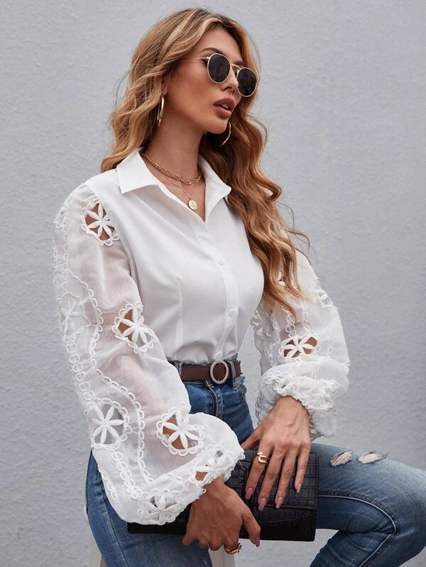 CM-TS616123 Women Elegant Seoul Style Embroidery Puff Sleeve Solid Blouse - White