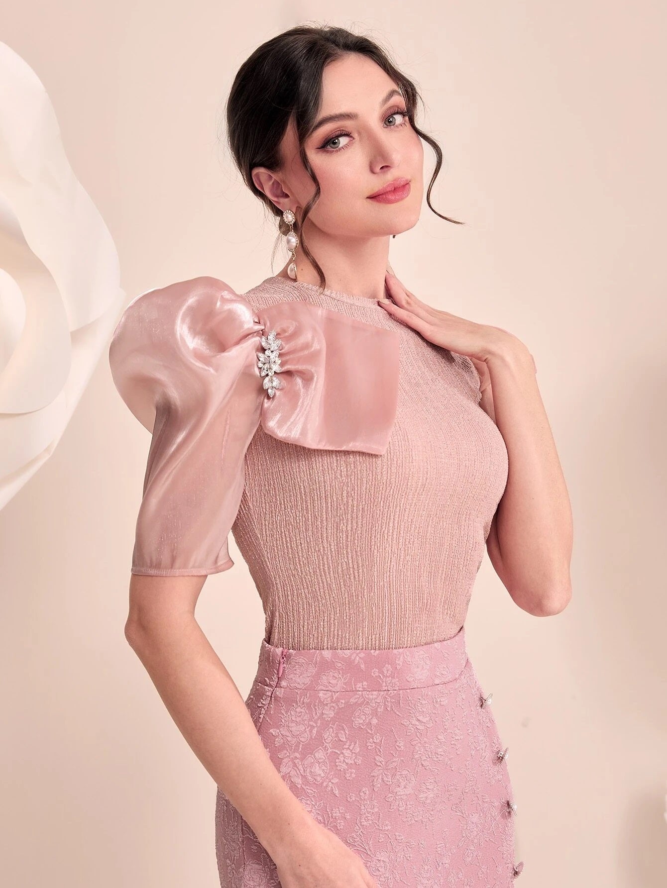 CM-TS660306 Women Elegant Seoul Style Puff Sleeve Rhinestone Detail Tee - Dusty Pink