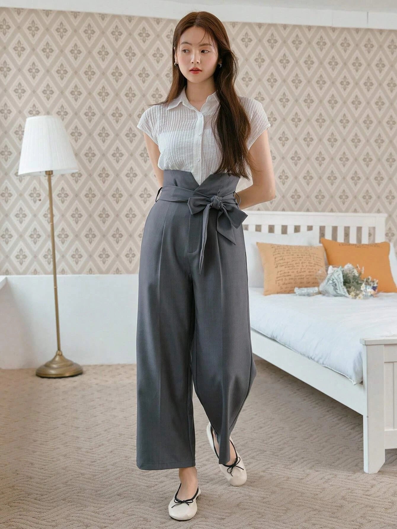 CM-BS646029 Women Casual Seoul Style High Waist Belted Wide Leg Pants - Gray