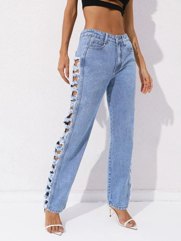 CM-BS888885 Women Elegant Seoul Style Ladder Cut Out Frayed Straight Leg Jeans