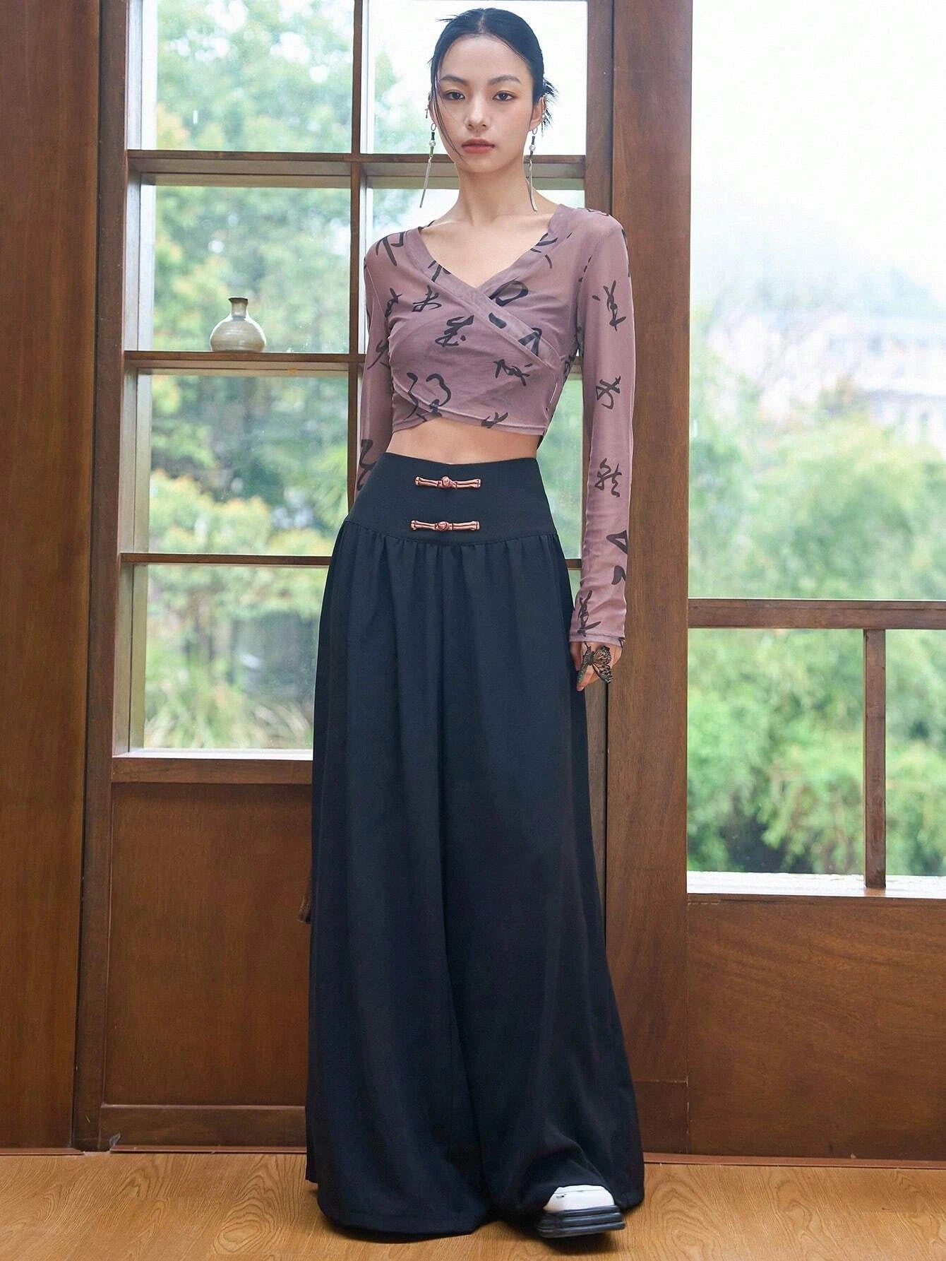 CM-BS191407 Women Elegant Seoul Style Solid Wide Leg Pants - Black