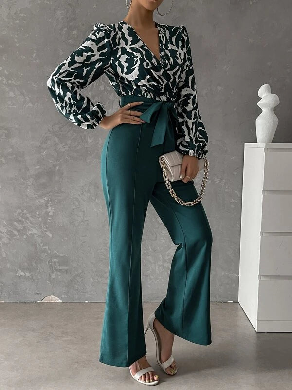 CM-JS264816 Women Casual Seoul Style Graphic Lantern Sleeve Belted Flare Leg Jumpsuit