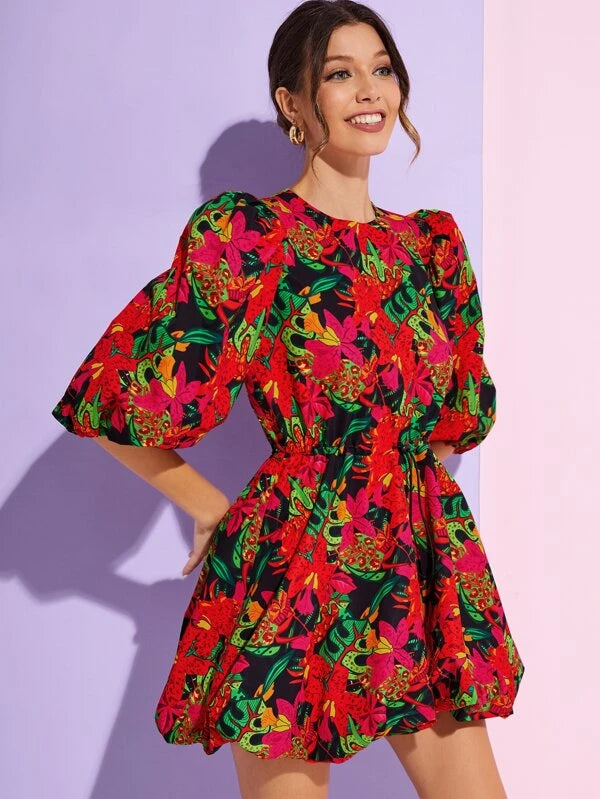 CM-DS961313 Women Trendy Bohemian Style Lantern Sleeve Tropical Print Dress
