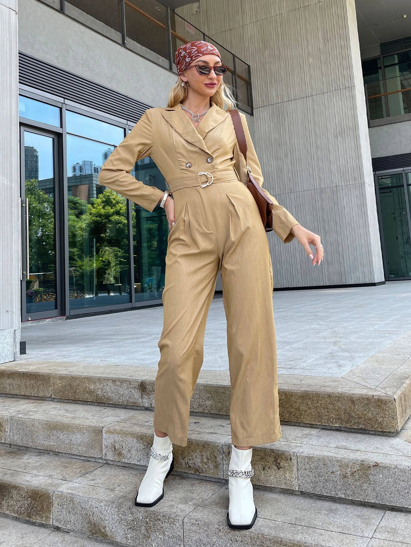 CM-JS974401 Women Casual Seoul Style Double Button Fold Pleated Belted Jumpsuit