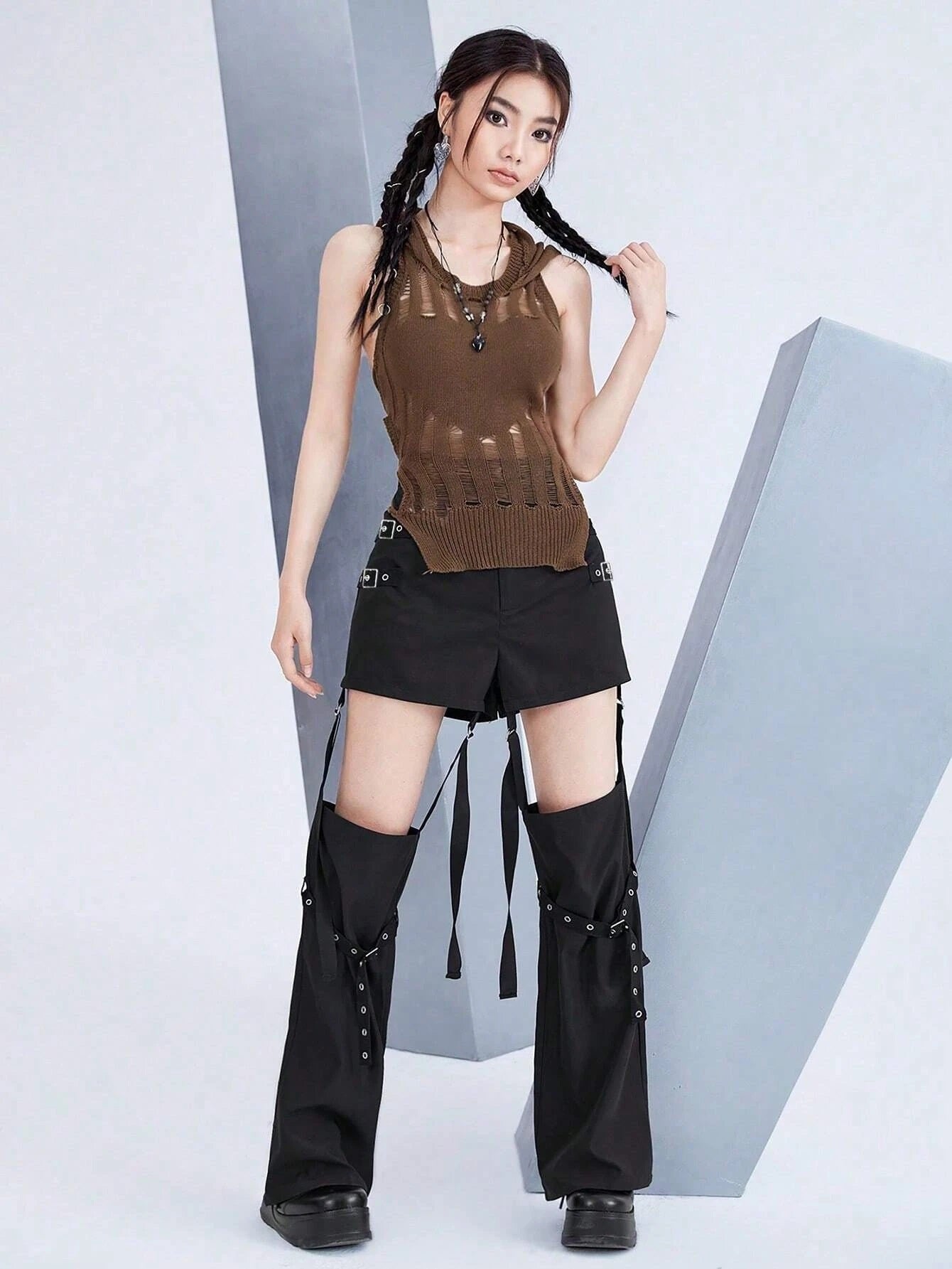 CM-BS956851 Women Casual Seoul Style Solid Cut Out Grommet Eyelet Buckle Detail Pants