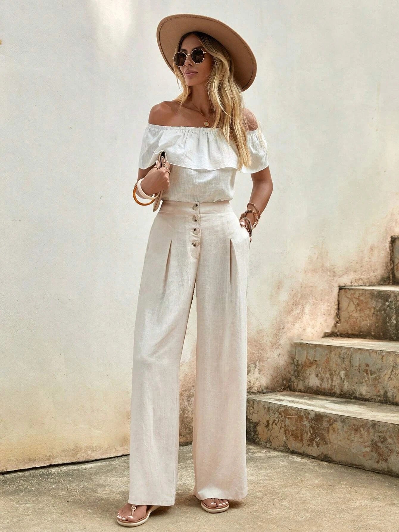 CM-BS263034 Women Trendy Bohemian Style High Waist Button Fly Wide Leg Pants - Apricot