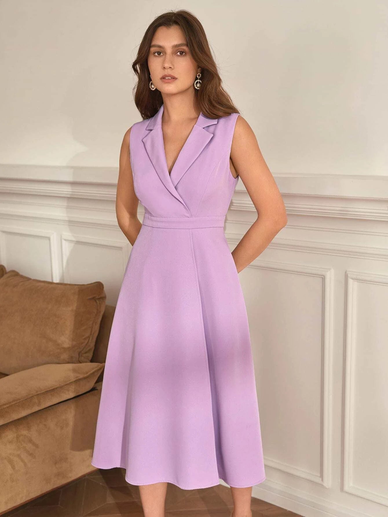 CM-DS871750 Women Elegant Seoul Style Lapel Neck Sleeveless Dress - Purple