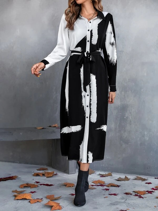 CM-DS369334 Women Trendy Bohemian Style Brush Print Belted Shirt Dress
