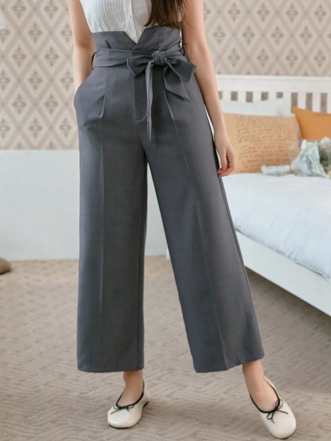 CM-BS646029 Women Casual Seoul Style High Waist Belted Wide Leg Pants - Gray