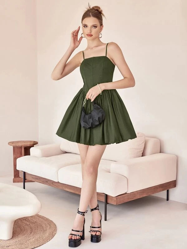 CM-DS210007 Women Elegant Seoul Style Zip Back Flare Hem Cami Dress - Army Green