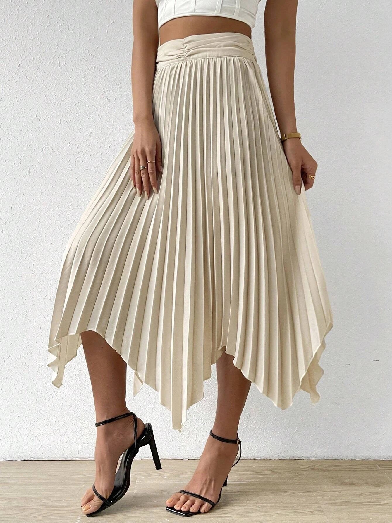 CM-BS059490 Women Casual Seoul Style Solid Hanky Hem Pleated Skirt - Apricot