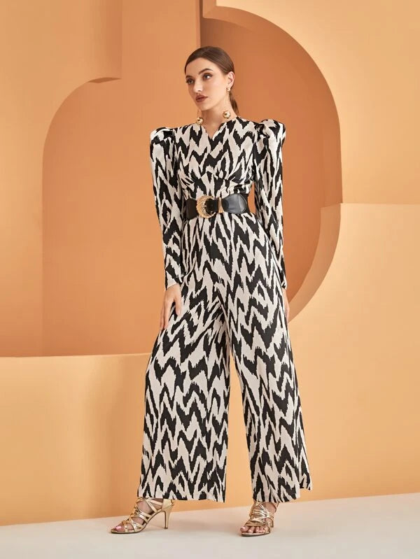 CM-JS086666 Women Elegant Seoul Style Chevron Print Gigot Sleeve Jumpsuit