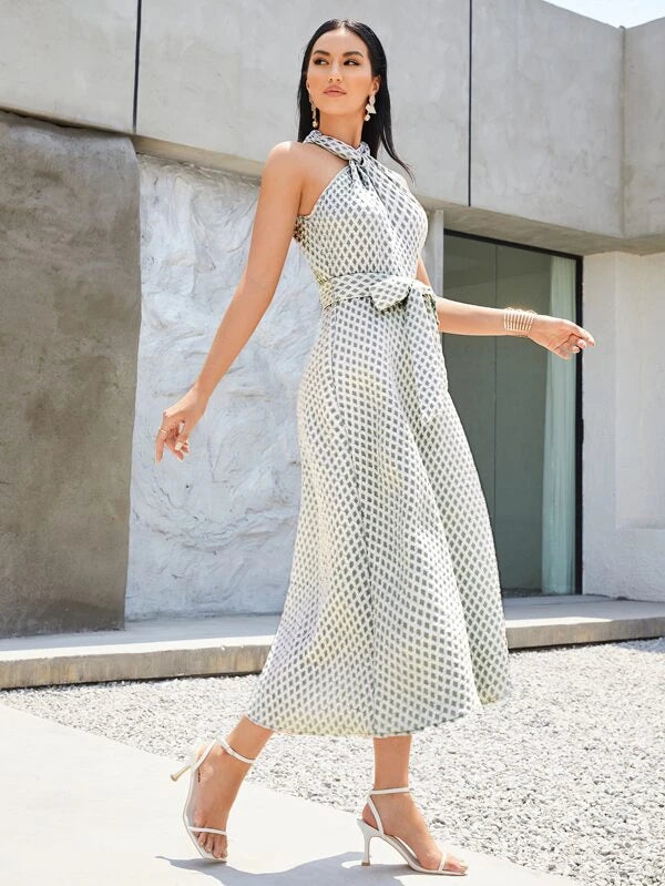 CM-DS071777 Women Elegant Seoul Style Argyle Pattern Belted Halter Dress
