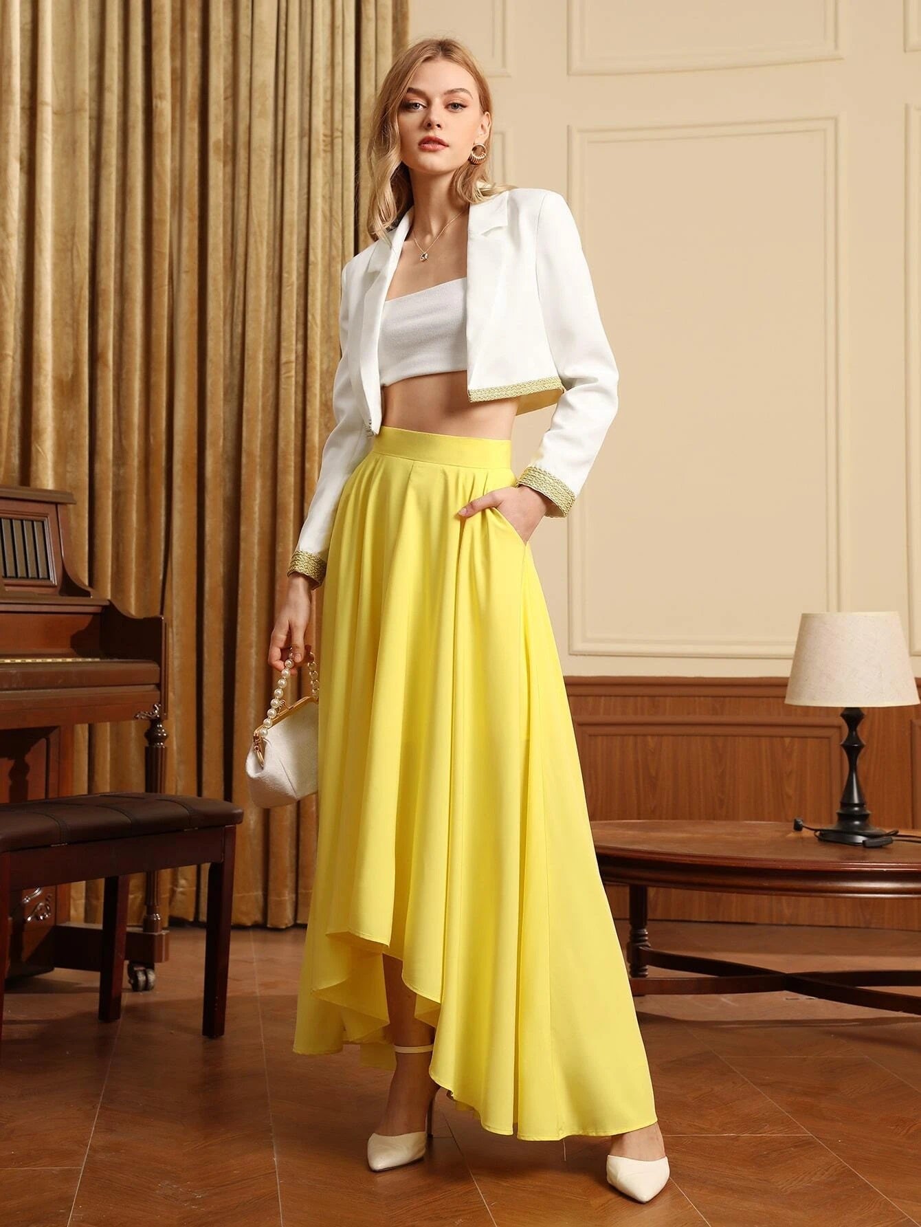 CM-BS964499 Women Trendy Bohemian Style High Waist Asymmetrical Hem Skirt - Yellow