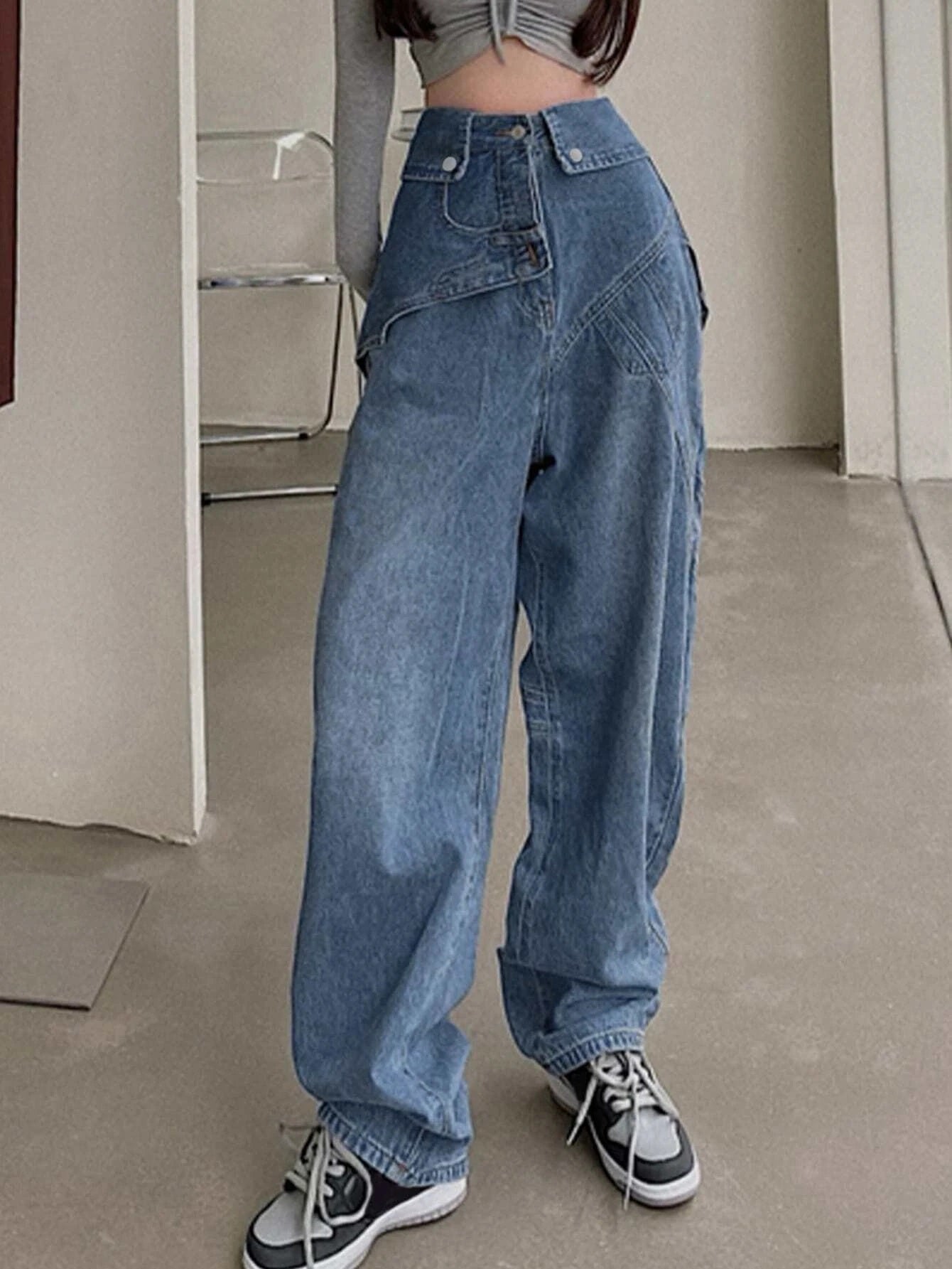 CM-BS173335 Women Preppy Seoul Style Solid High Waist Wide Leg Jeans