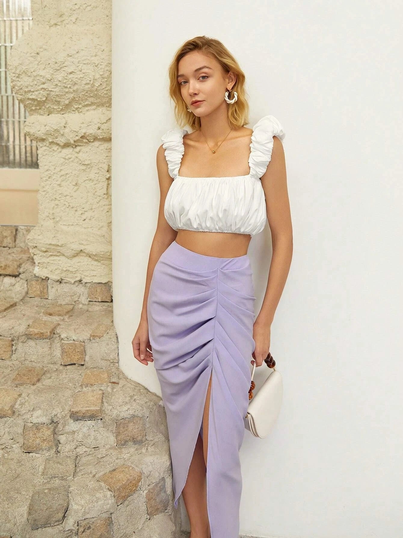 CM-BS732024 Women Elegant Seoul Style Solid Ruched Split Thigh Ruffle Trim Skirt - Purple