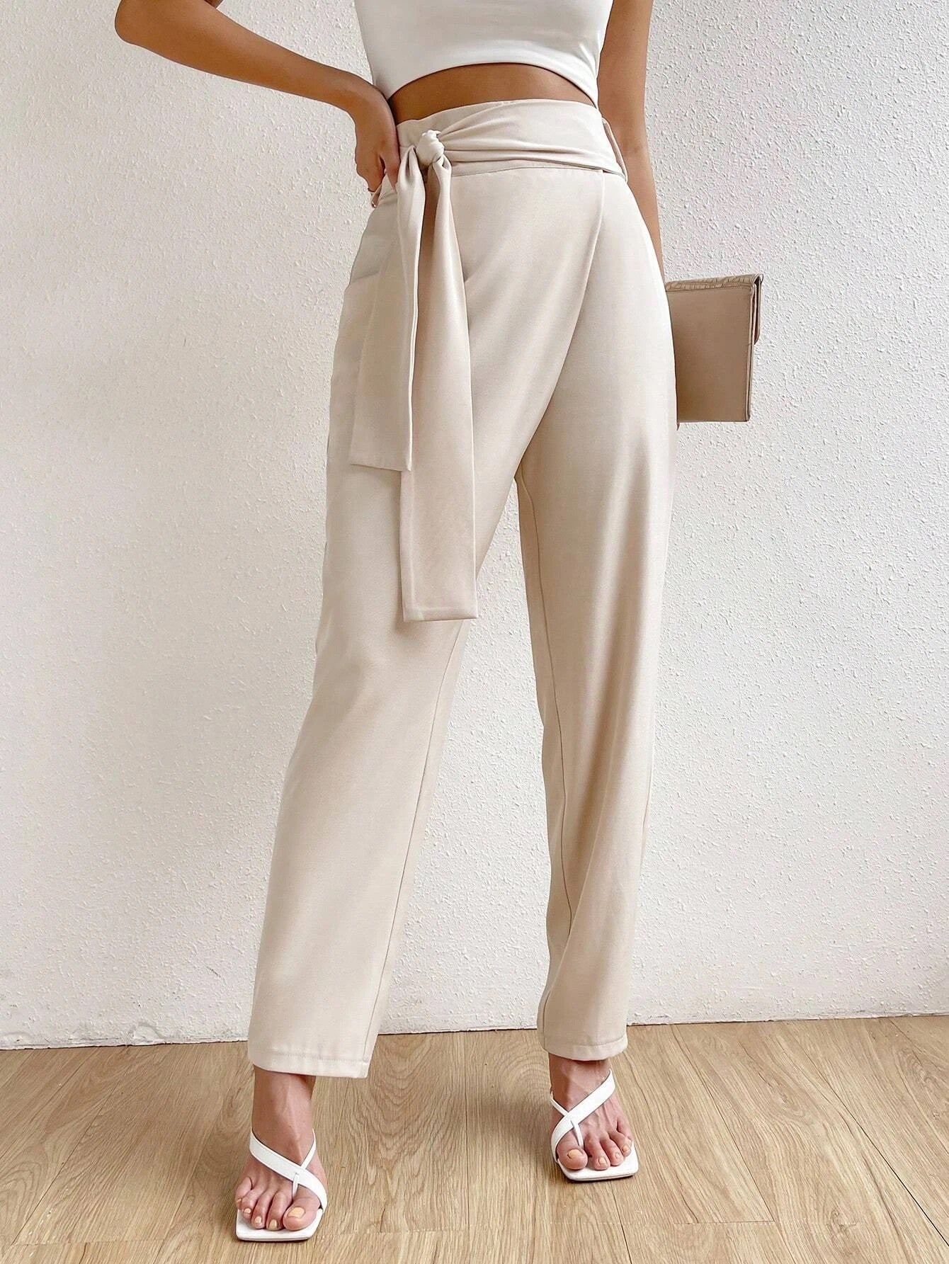 CM-BS306070 Women Trendy Bohemian Style High Waist Solid Tie Front Pants - Apricot