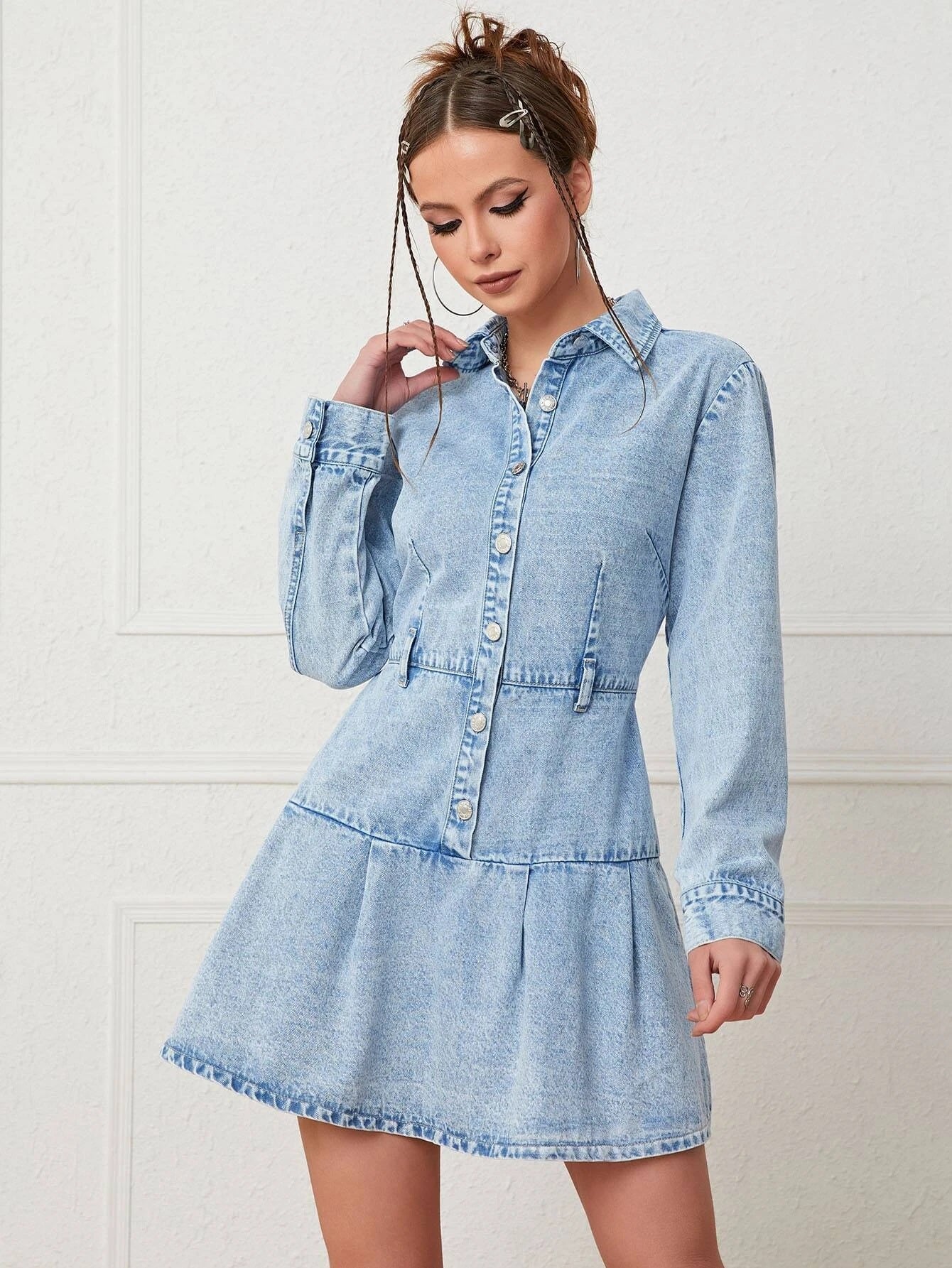 CM-DS393616 Women Trendy Seoul Style Light Wash Button Front Ruffle Hem Denim Dress