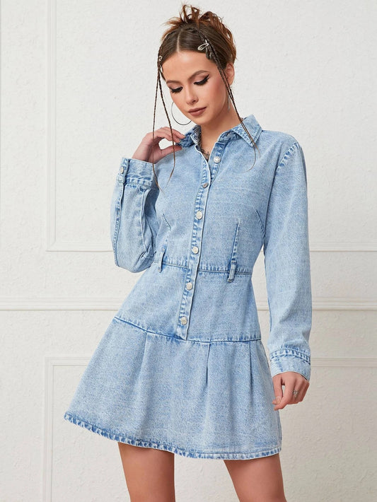 CM-DS393616 Women Trendy Seoul Style Light Wash Button Front Ruffle Hem Denim Dress