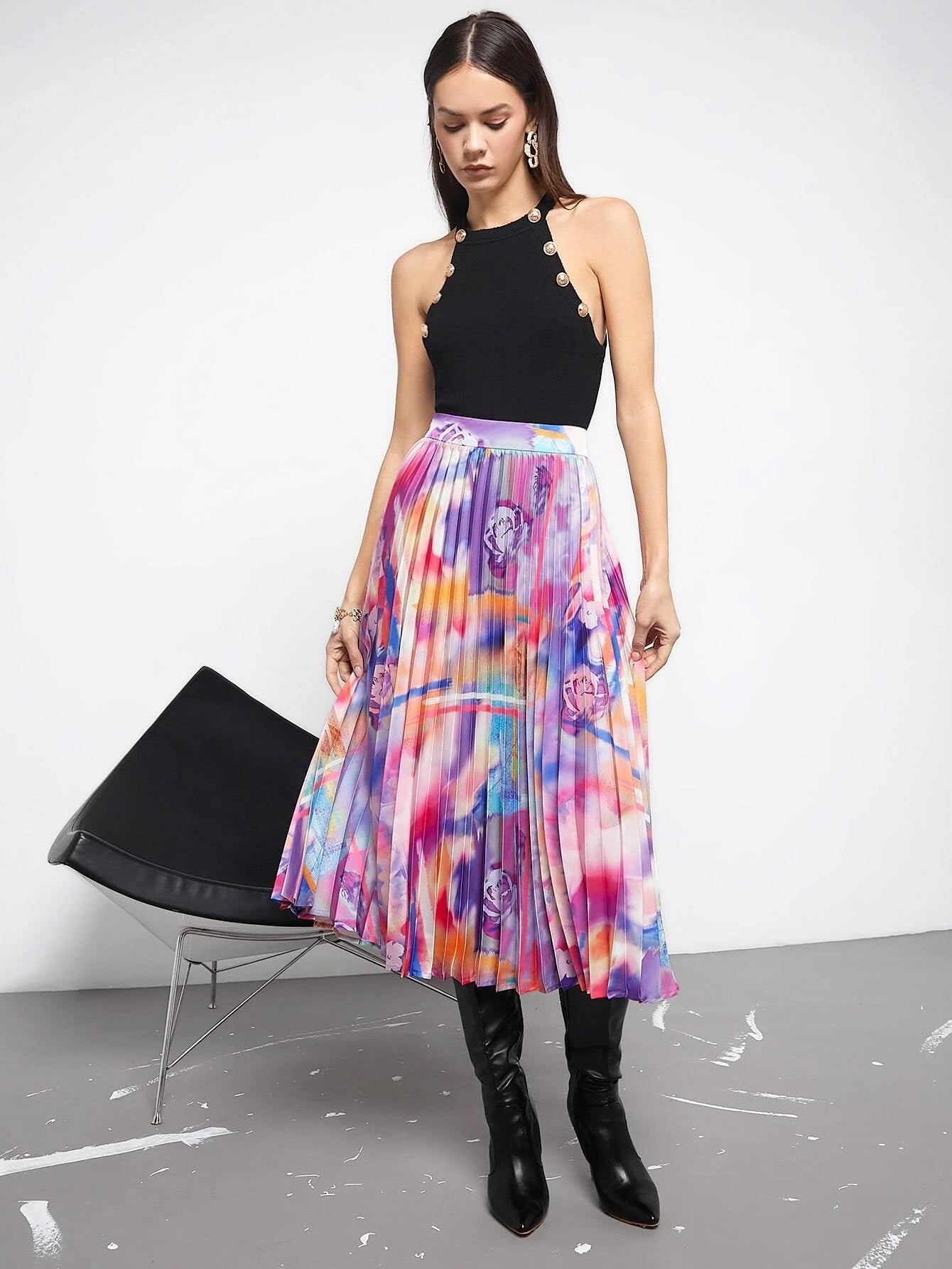 CM-BS647519 Women Casual Seoul Style High Waist Tie Dye Pleated Skirt