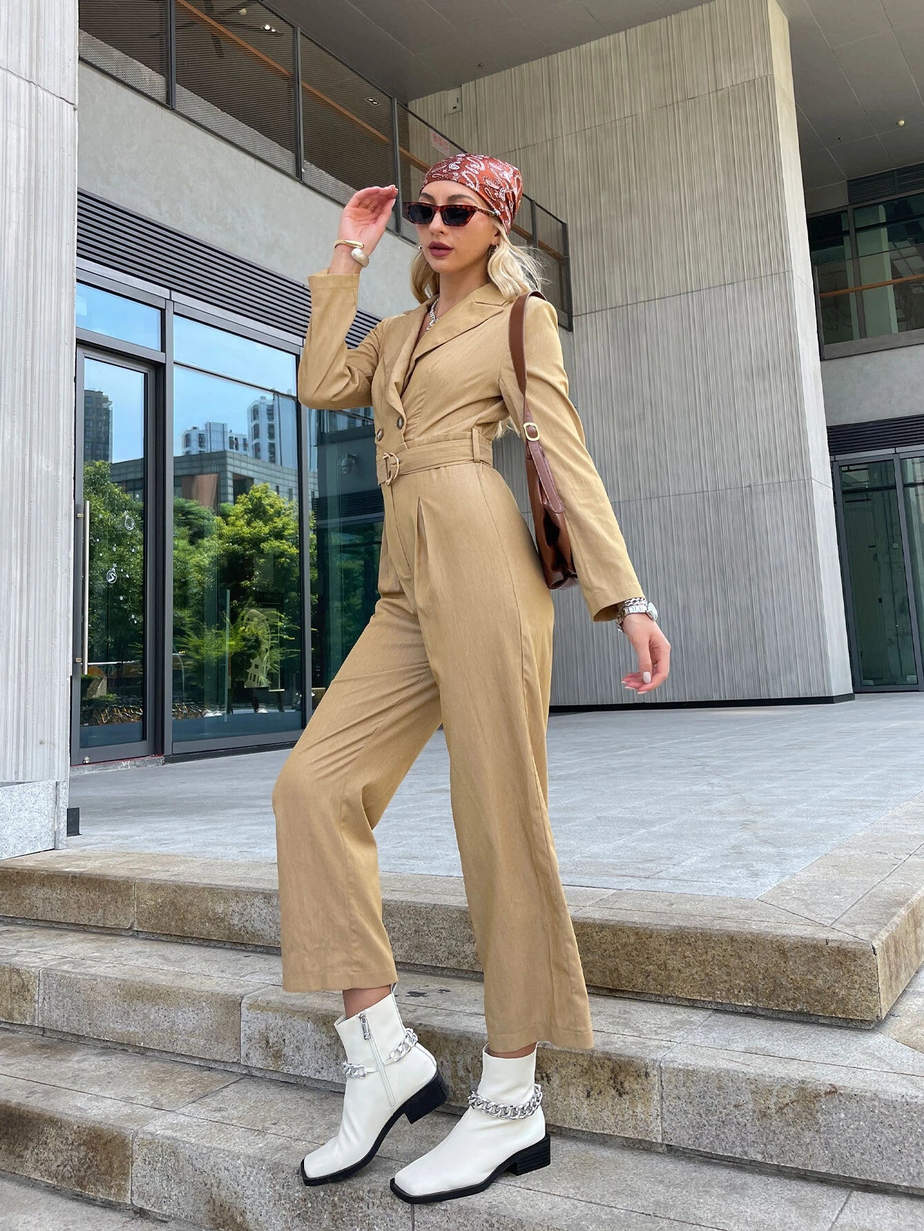 CM-JS974401 Women Casual Seoul Style Double Button Fold Pleated Belted Jumpsuit