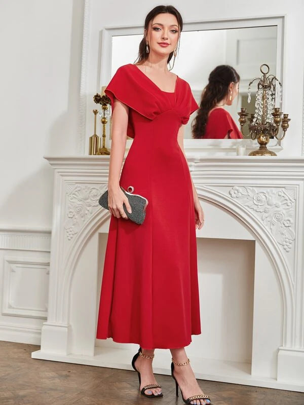 CM-DS481444 Women Elegant Seoul Style Solid Fold Pleated Detail A-Line Dress - Red