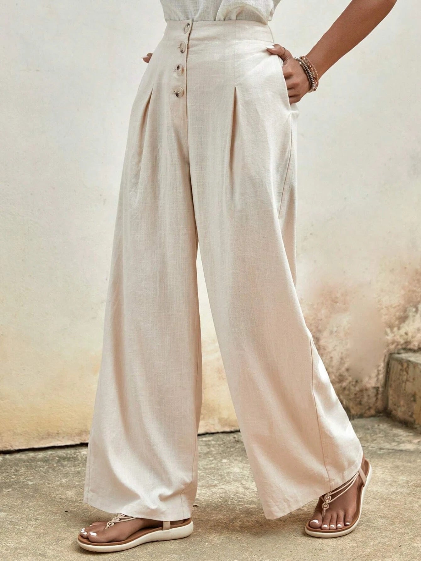 CM-BS263034 Women Trendy Bohemian Style High Waist Button Fly Wide Leg Pants - Apricot