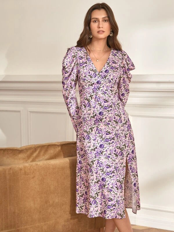 CM-DS662506 Women Casual Seoul Style Allover Floral Print Gigot Sleeve Dress