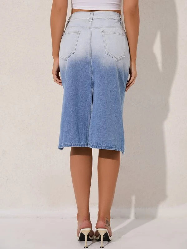 CM-BS453122 Women Casual Seoul Style Asymmetrical Raw Hem Ombre Denim Skirt