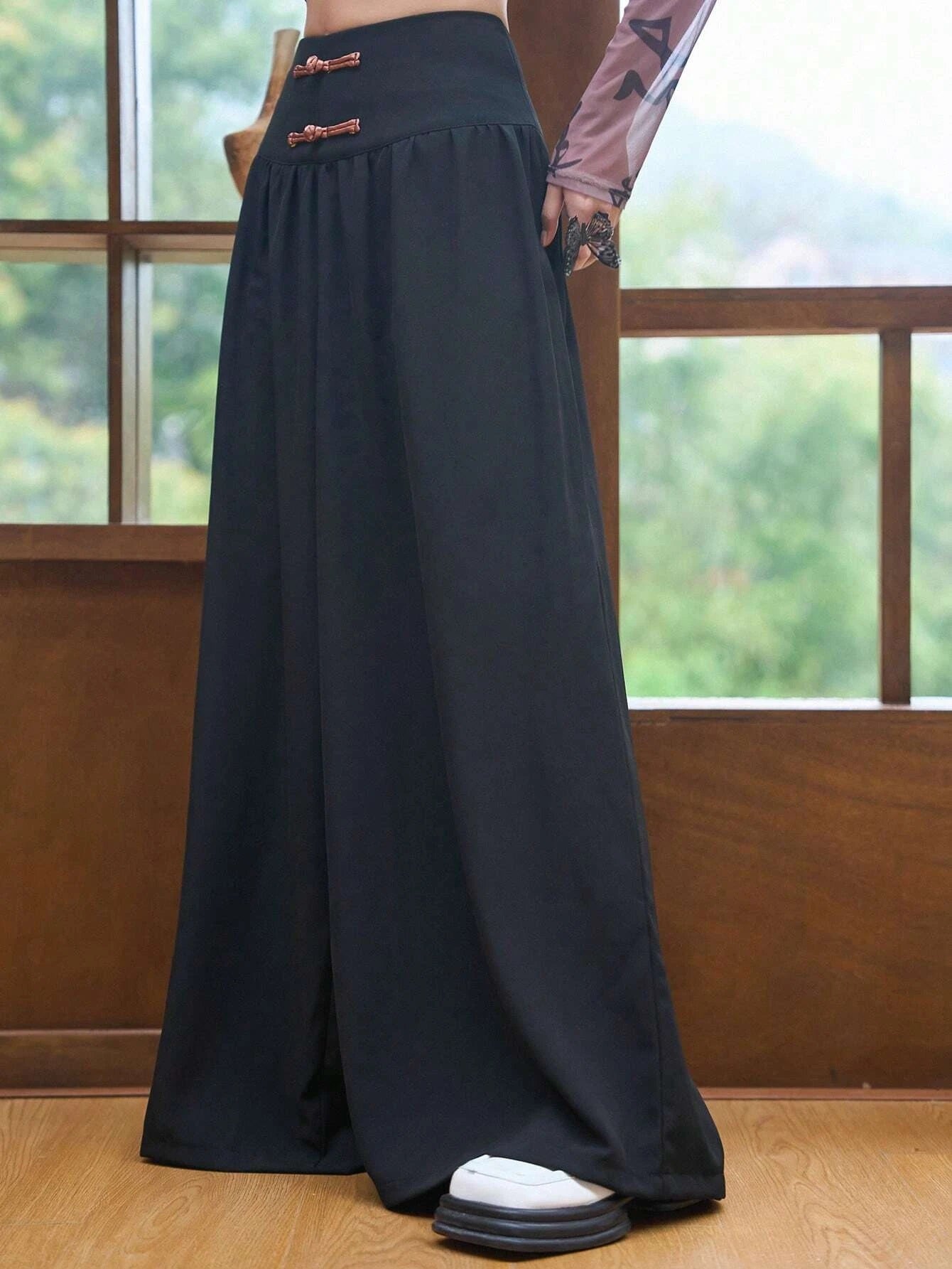 CM-BS191407 Women Elegant Seoul Style Solid Wide Leg Pants - Black