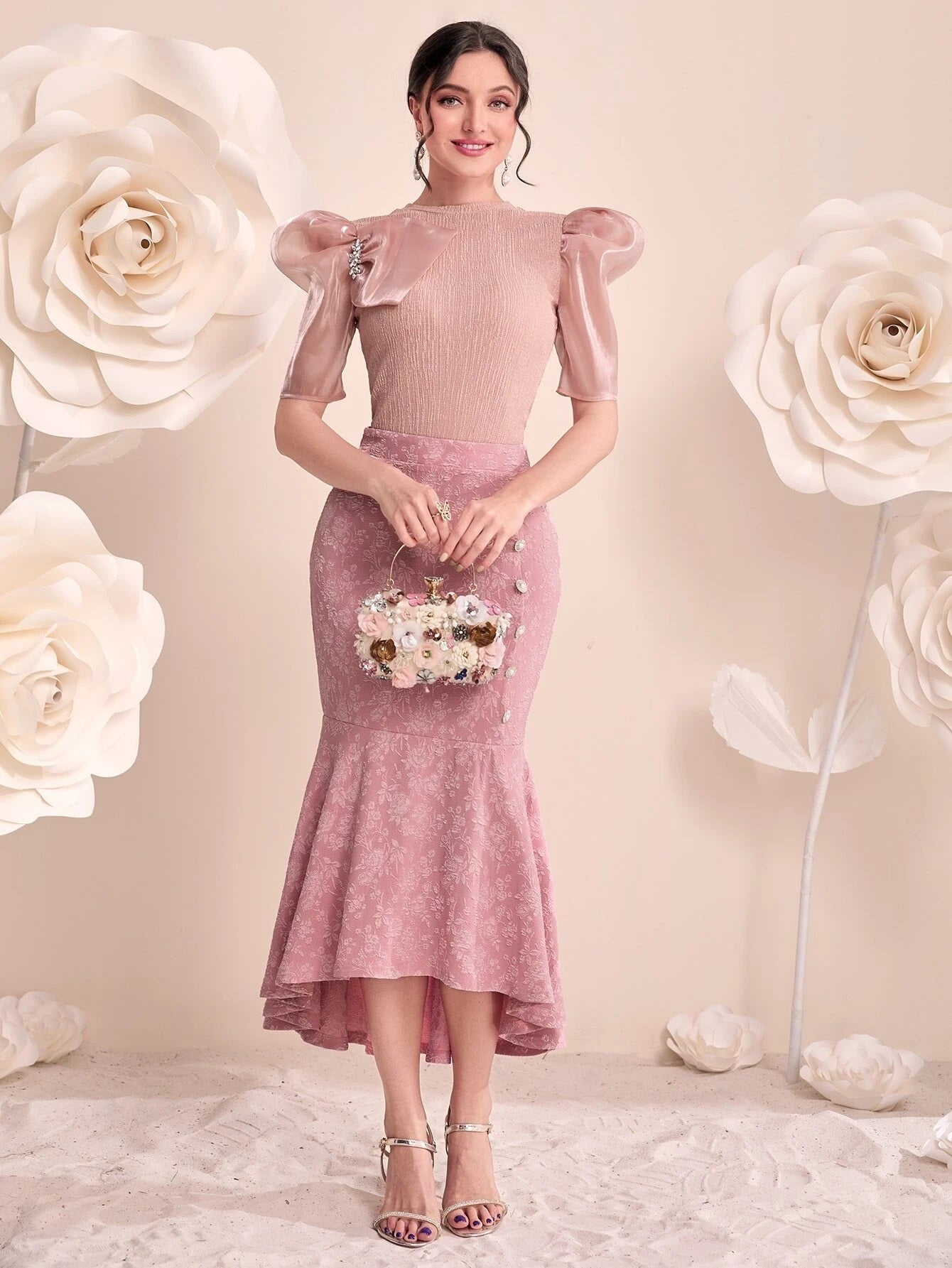 CM-TS660306 Women Elegant Seoul Style Puff Sleeve Rhinestone Detail Tee - Dusty Pink