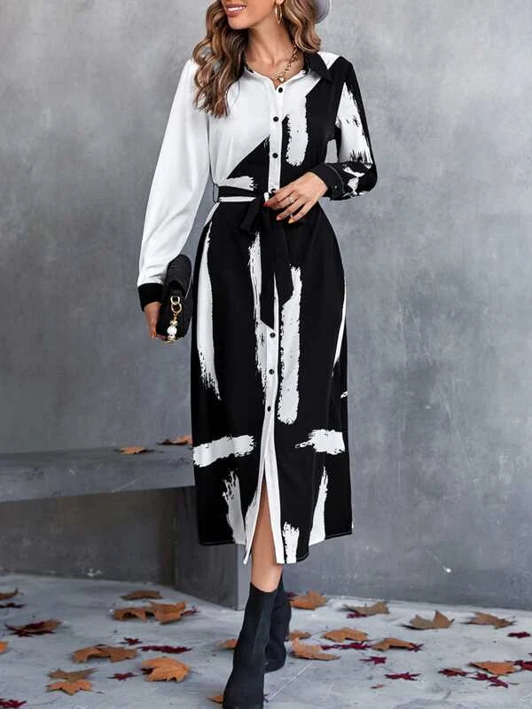 CM-DS369334 Women Trendy Bohemian Style Brush Print Belted Shirt Dress