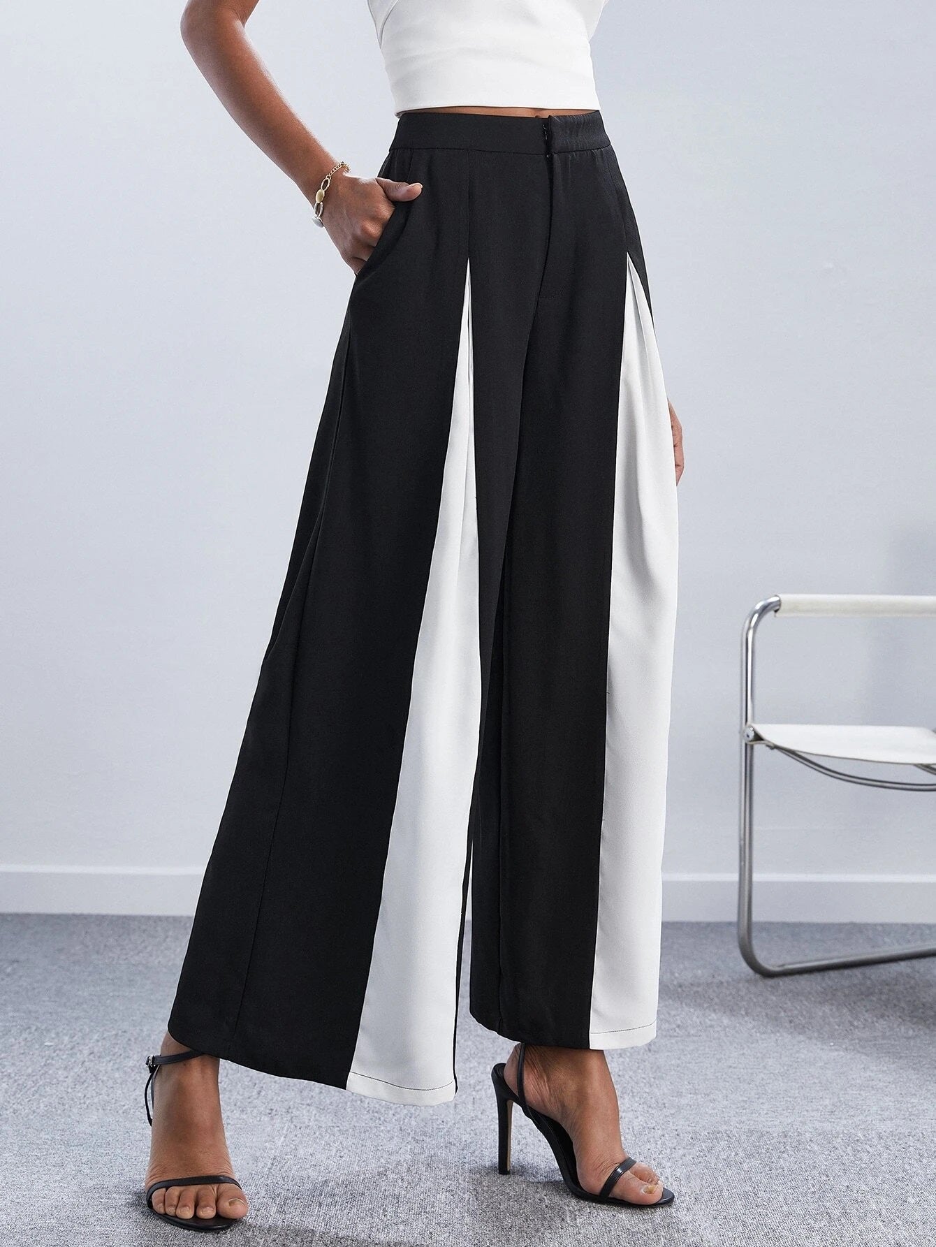 CM-BS846476 Women Elegant Seoul Style Two Tone Wide Leg Suit Pants