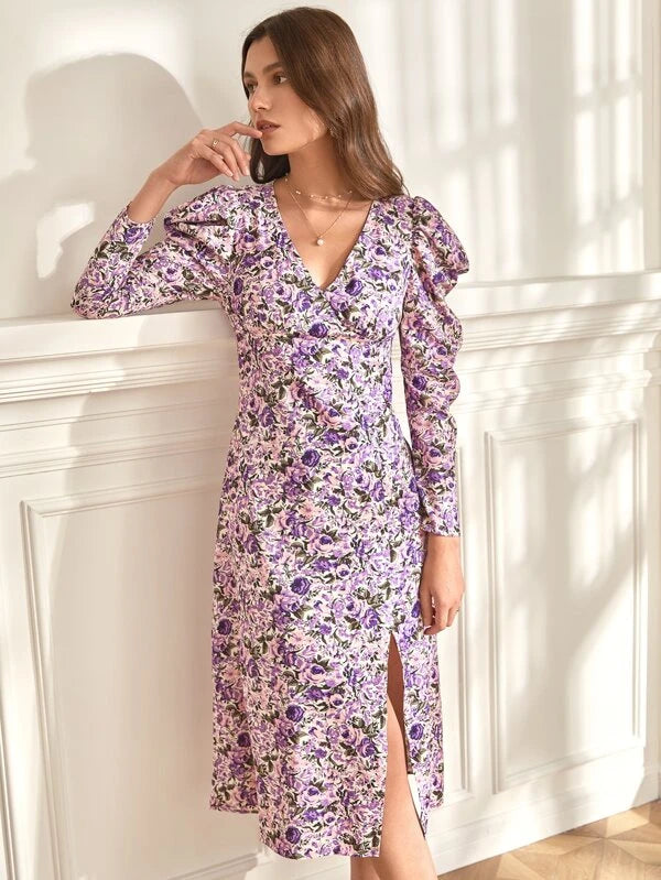 CM-DS662506 Women Casual Seoul Style Allover Floral Print Gigot Sleeve Dress