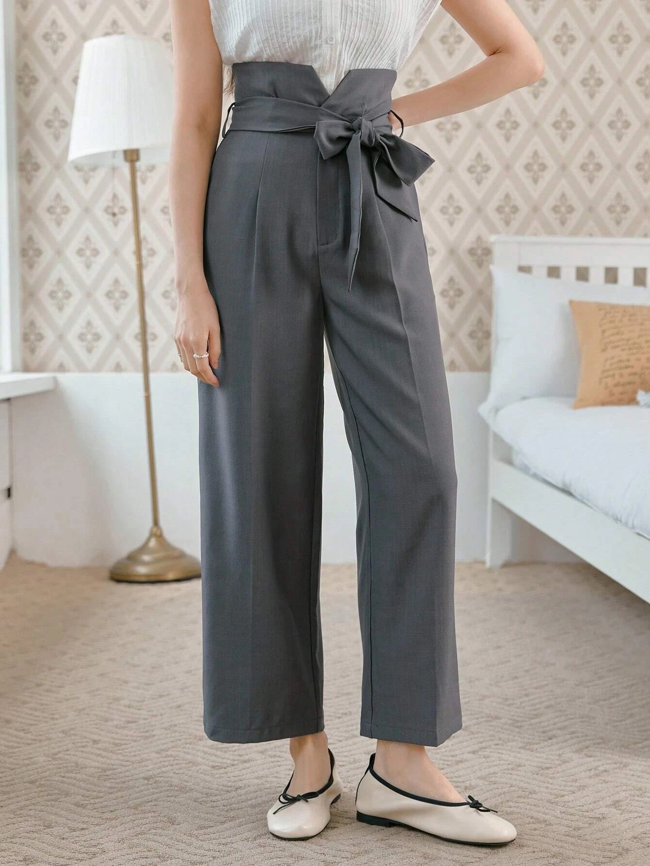 CM-BS646029 Women Casual Seoul Style High Waist Belted Wide Leg Pants - Gray