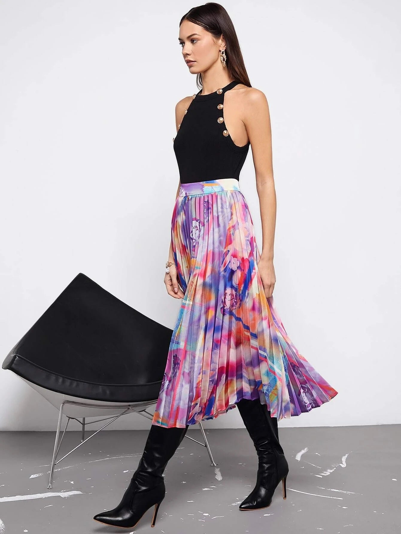 CM-BS647519 Women Casual Seoul Style High Waist Tie Dye Pleated Skirt