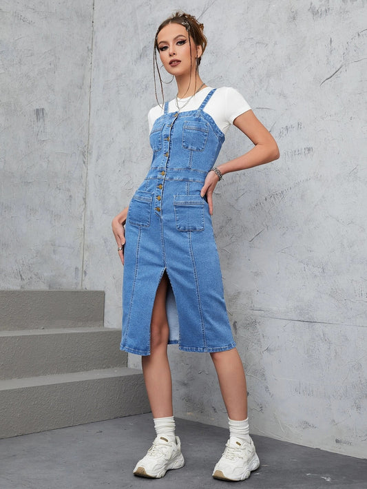 CM-DS478247 Women Trendy Seoul Style Medium Wash Button Front Overall Denim Dress