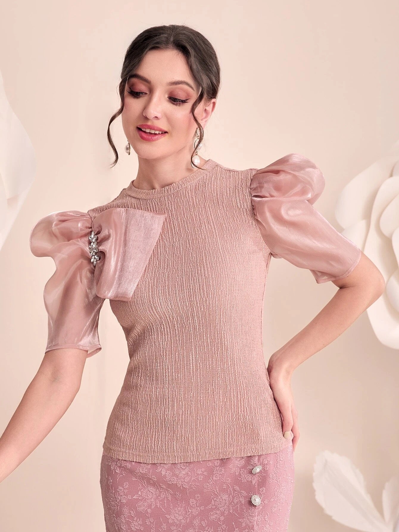 CM-TS660306 Women Elegant Seoul Style Puff Sleeve Rhinestone Detail Tee - Dusty Pink