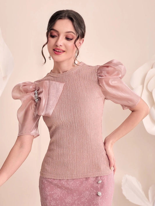 CM-TS660306 Women Elegant Seoul Style Puff Sleeve Rhinestone Detail Tee - Dusty Pink