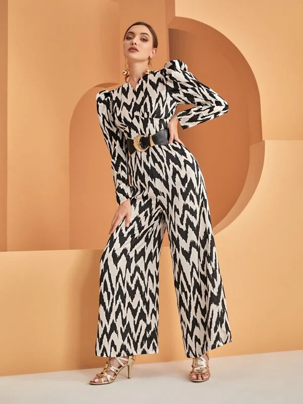 CM-JS086666 Women Elegant Seoul Style Chevron Print Gigot Sleeve Jumpsuit