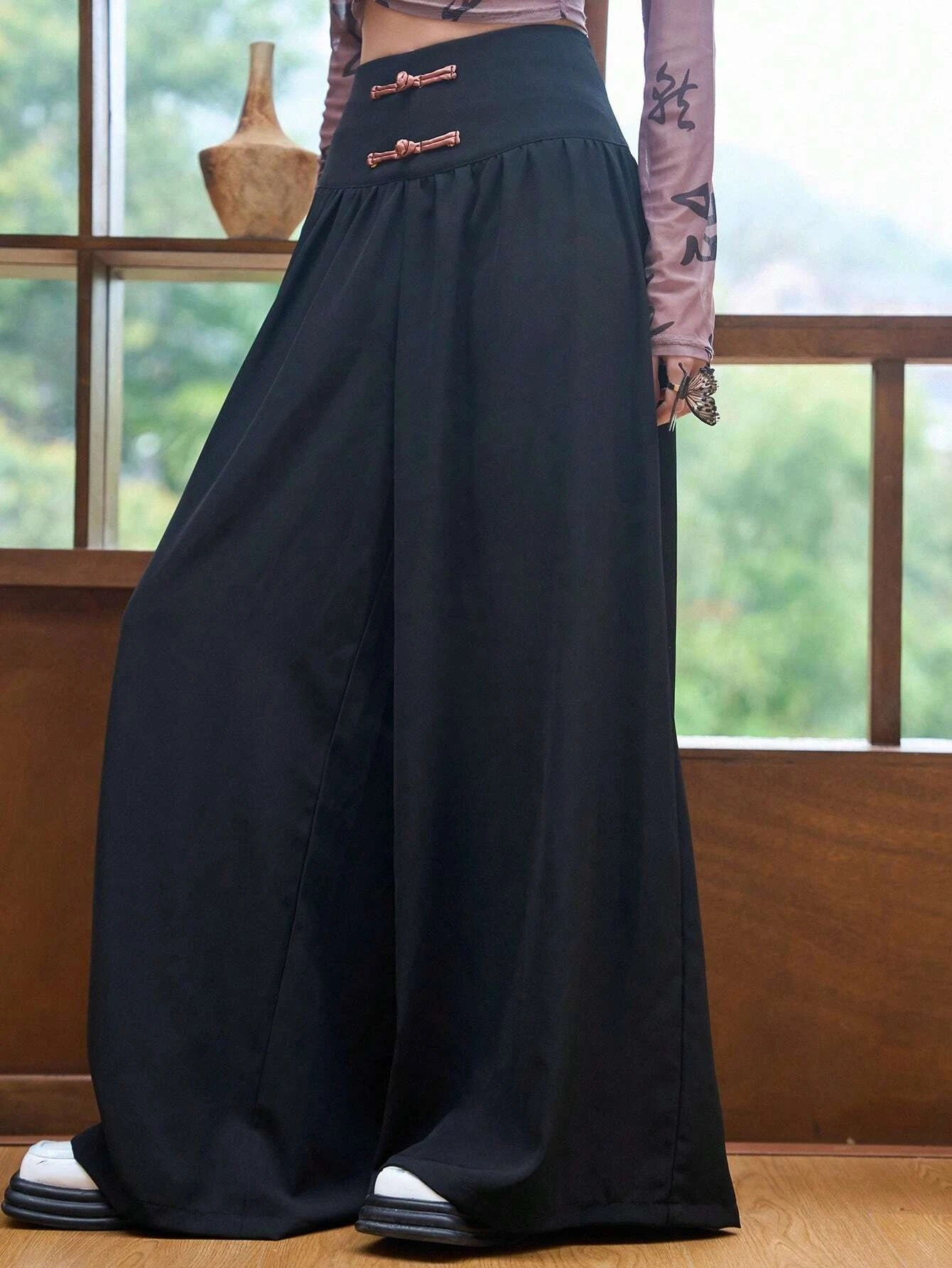 CM-BS191407 Women Elegant Seoul Style Solid Wide Leg Pants - Black