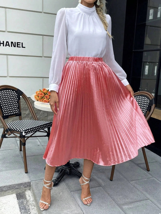 CM-BS177211 Women Elegant Seoul Style High Waist Solid Pleated Skirt - Pink