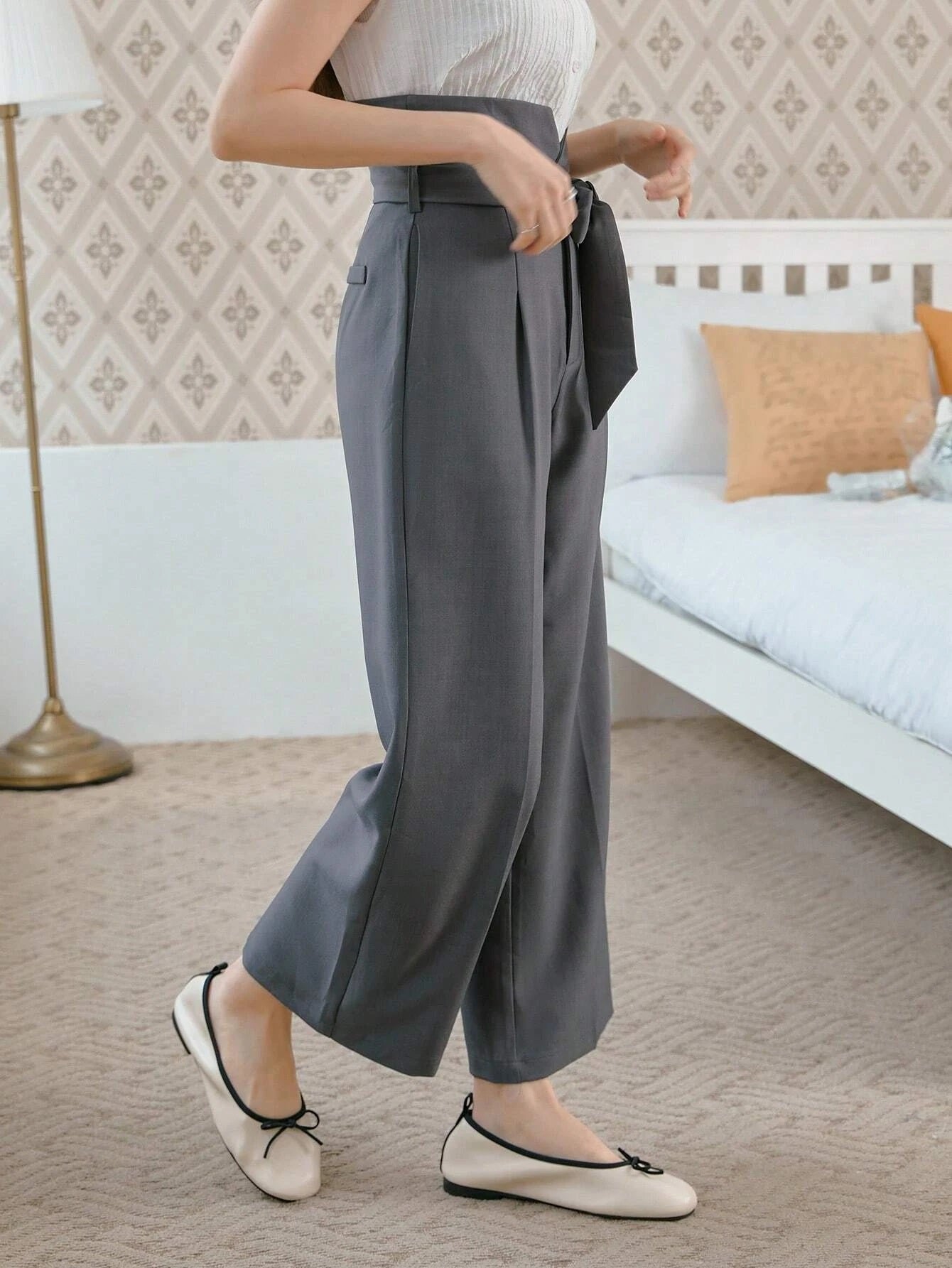 CM-BS646029 Women Casual Seoul Style High Waist Belted Wide Leg Pants - Gray