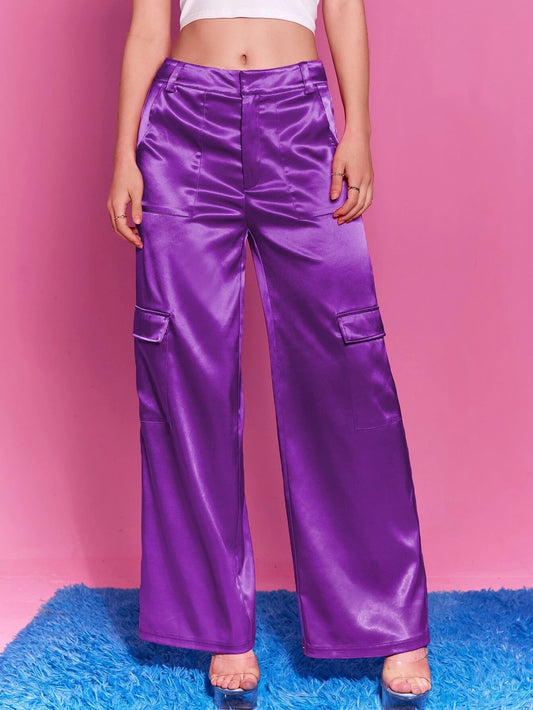CM-BS694243 Women Elegant Seoul Style Low Rise Flap Pocket Satin Wide Leg Pants - Purple