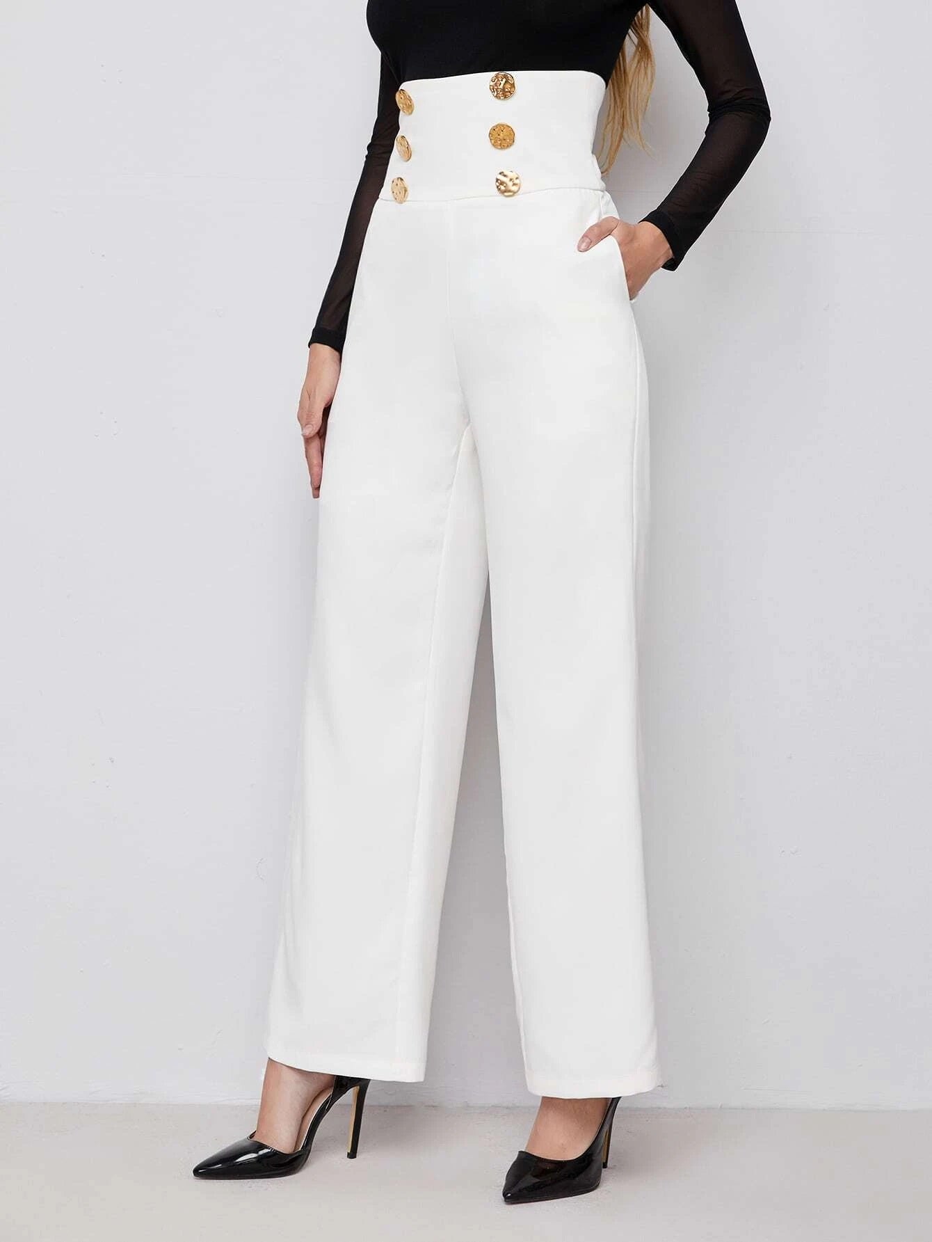 CM-BS125410 Women Elegant Seoul Style Double Breasted Wide Waistband Pants - White