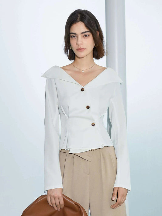 CM-TS699693 Women Elegant Seoul Style Solid Button Front Plicated Detail Shirt - White