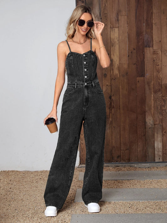 CM-JS498642 Women Preppy Seoul Style Sleeveless Button Front Denim Cami Jumpsuit - Black