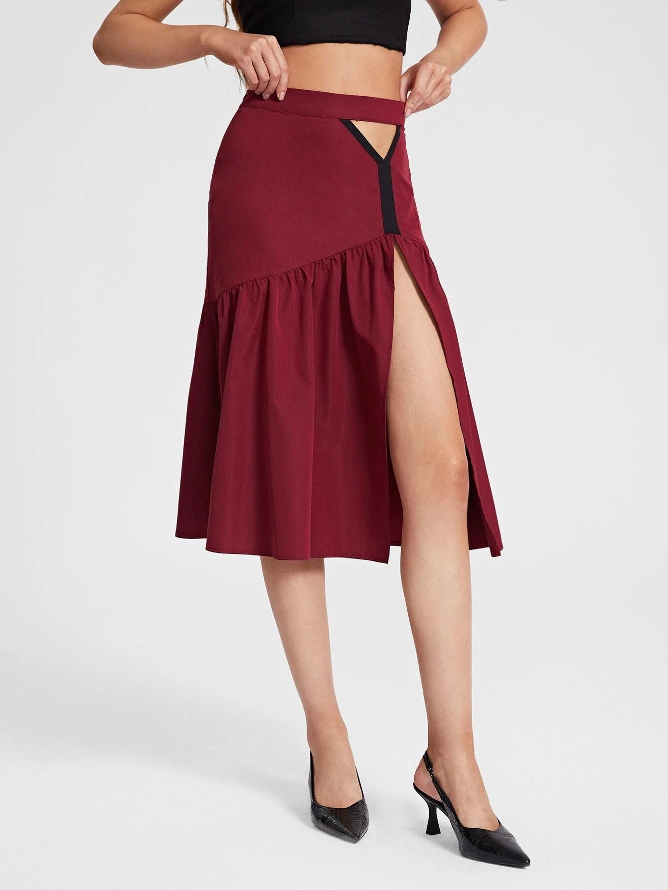 CM-BS449144 Women Casual Seoul Style Cut Out Ruffle Hem Split Thigh Skirt - Burgundy