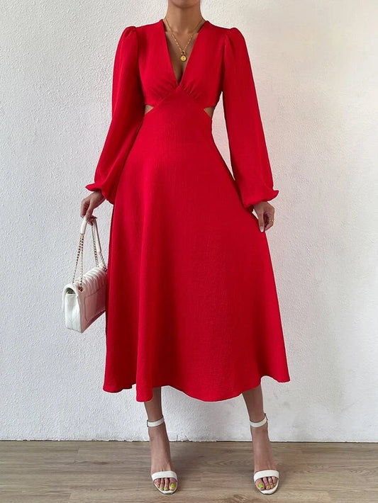 CM-DS303110 Women Elegant Seoul Style Plunging Neck Cut Out Waist Bishop Sleeve Dress